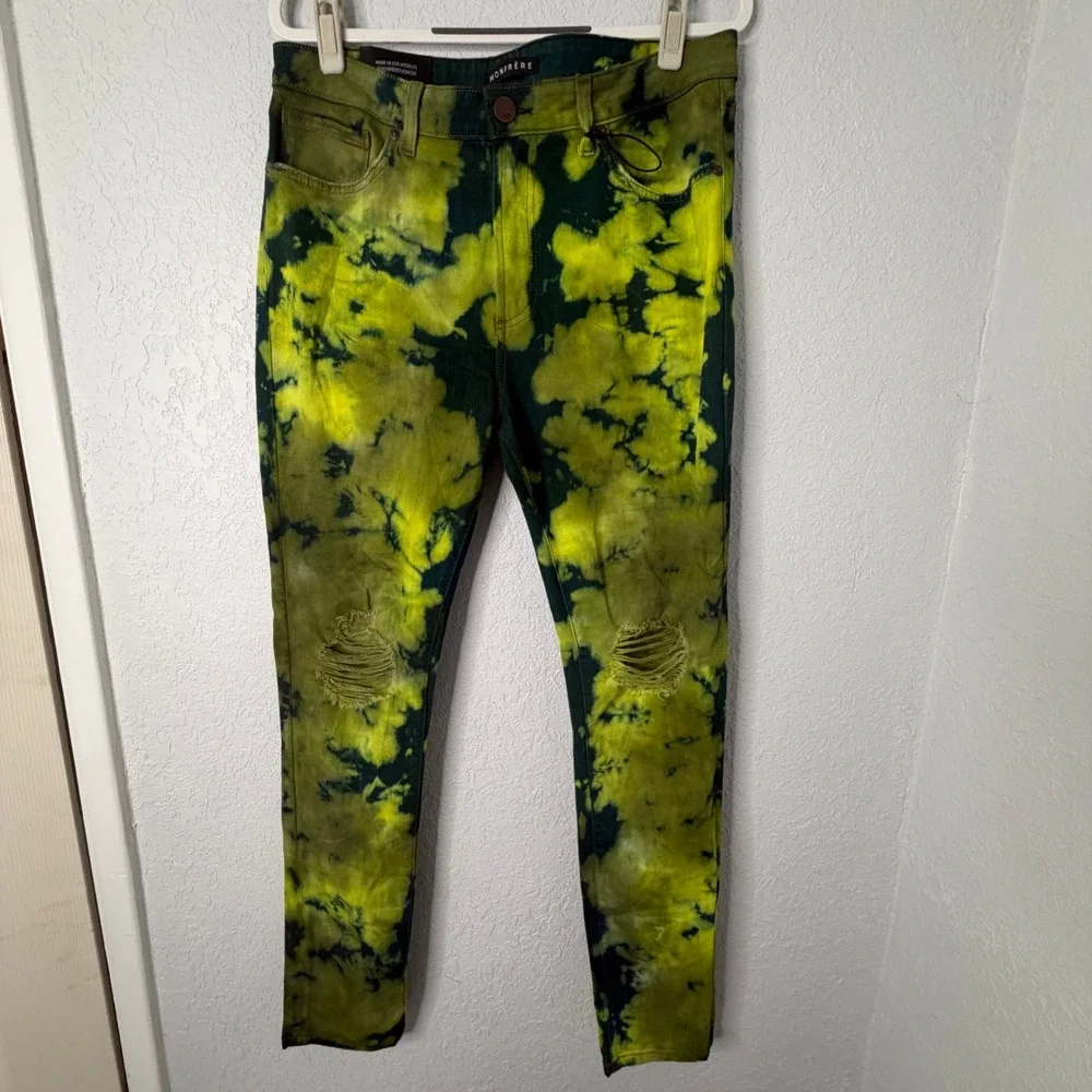 Monfrere Greyson Distressed Skinny Jeans NWT Mens 36‎ Neon Yellow Green Tie Dye